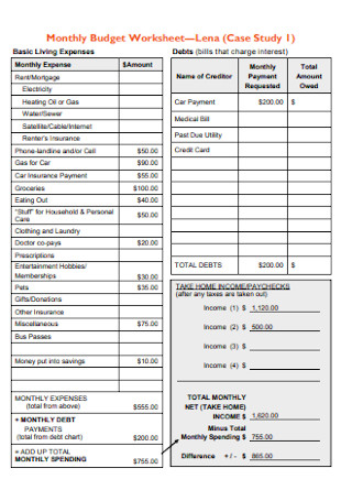 Basic Monthly Expenses Budget Worksheet
