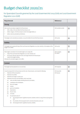 Budget checklist Format