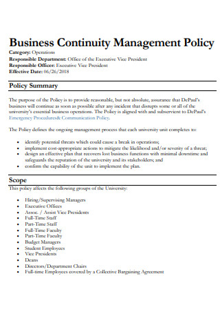 Business Continuity Management Policy Plan