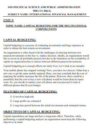 Capital Budget for Multinational Template
