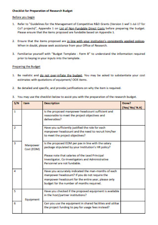 Checklist for Preparation of Research Budget