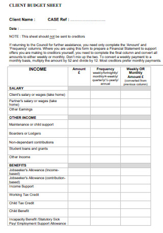 Client Budget Sheet Template