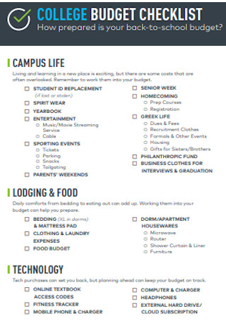 College Budget Checklist