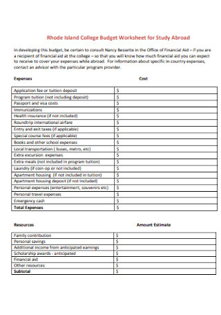 College Budget Worksheet for Study