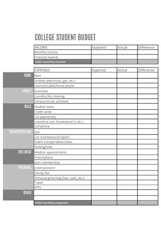 College Student Budget Worksheet