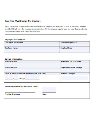 Day Care Receipt for Services Template