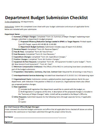 Department Budget Submission Checklist
