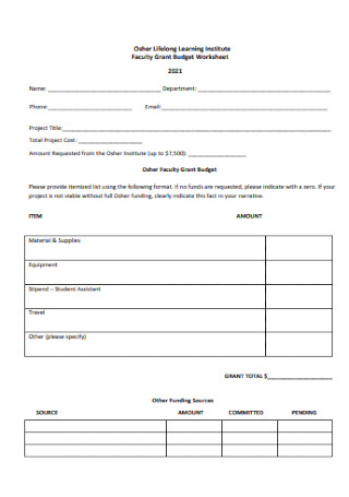 Faculty Grant Budget Worksheet