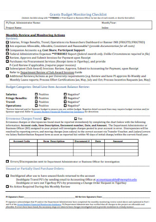 Grants Budget Monitoring Checklist