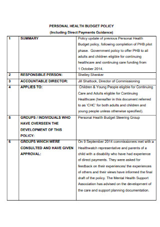 Health Budget Policy Template