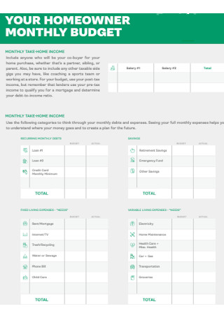 Homeowner Monthly Budget