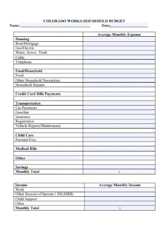 Household Work Budget Template