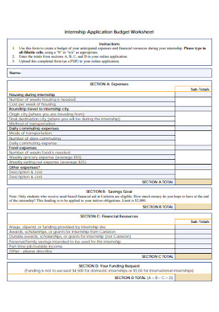 Internship Application Budget Worksheet