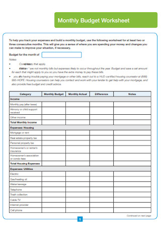 Monthly Home Budget Worksheet
