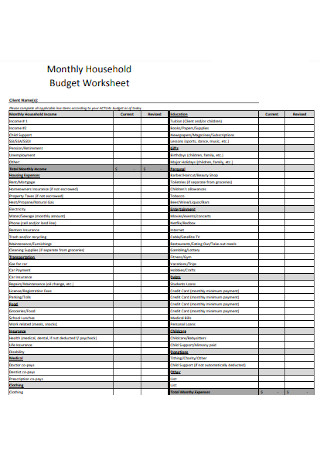 Monthly Household Budget Worksheet 