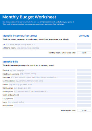 Monthly Income Budget Worksheet