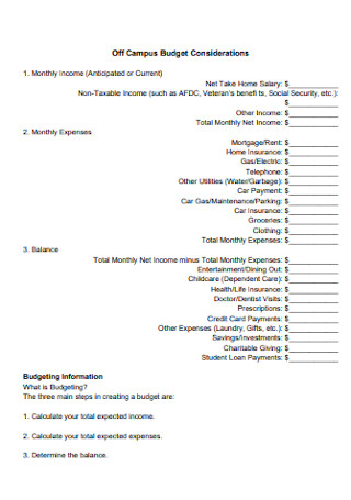 Off Campus Budget Considerations Sheet