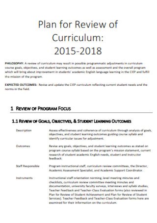 Plan for Review of Curriculum