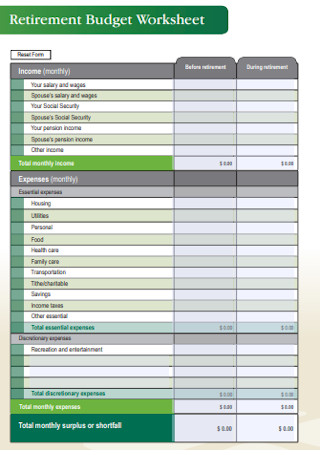 Retirement Budget Worksheet Example
