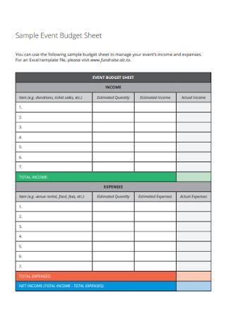 Sample Event Budget Sheet