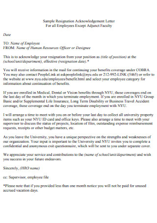 Sample Resignation Acknowledgement Letter