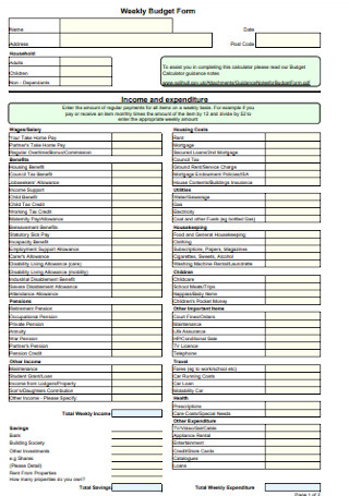 Sample Weekly Budget Form