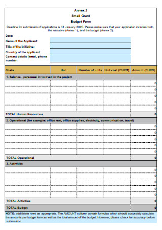 Small Grant Budget Form