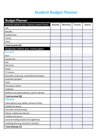 Student Budget Planner Template