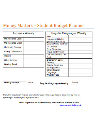 Student Money Budget Planner Template 