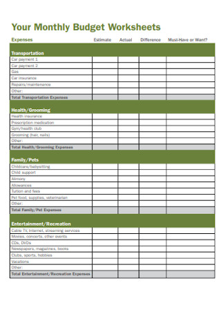 Your Monthly Budget Worksheets