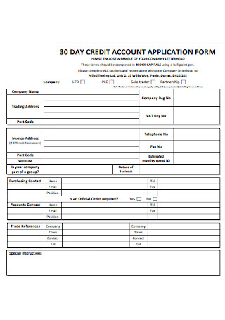 30 Day Credit Application Form