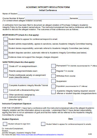 Academic Integrity Resolution Form