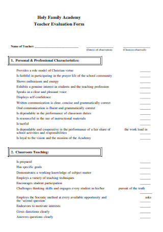 Academy Teacher Evaluation Form
