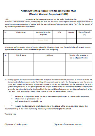 Addendum to the Proposal Form