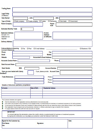 Application Form for Commercial Credit Form