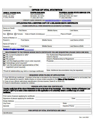Application for Delaware Death Certificate