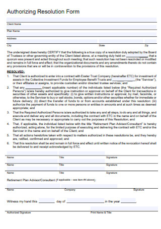 Authorizing Resolution Form 