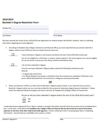 Bachelors Degree Resolution Form