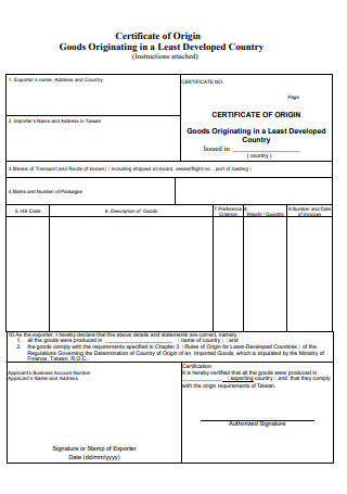Blank Certificate of Origin