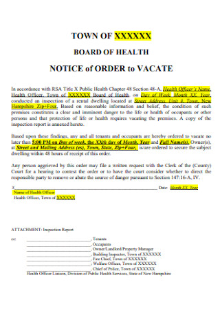 Board of Health Notice to Vacate