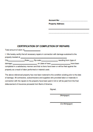 Certificate of Completion of Repairs