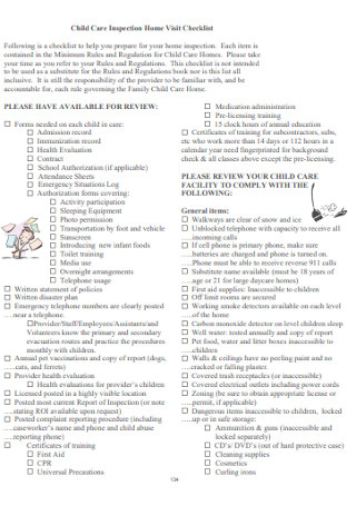 Child Care Inspection Home Visit Checklist 