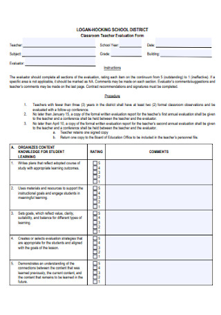 Classroom Teacher Evaluation Form