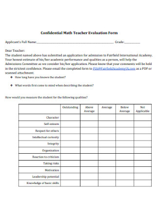 Confidential Math Teacher Evaluation Form 