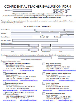 Confidential Teacher Evaluation Form