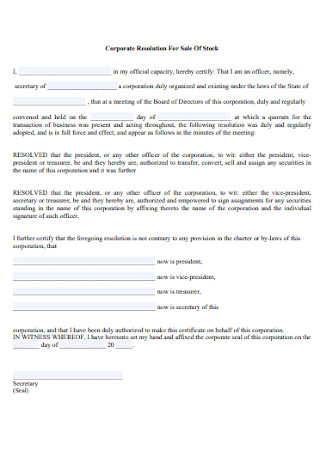 Corporate Resolution For Sale Of Stock Form
