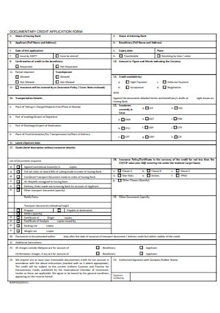 Documentary Credit Application Form Template