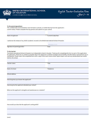 English Teacher Evaluation Form Example