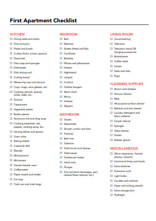 Format of First Apartment Checklist