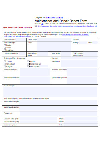 Maintenance and Repair Report Form